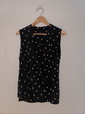 Tibi Women's Size 2 Wrap Top Silk Blouse Black Geometric Print Quiet Luxury